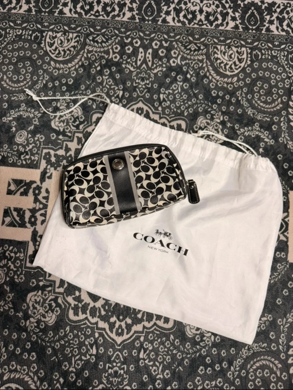 COACH Black and Cream Signature Card Pouch with Leather Trim